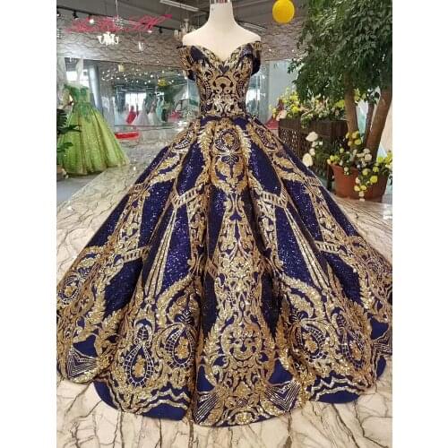 AnXin SH Luxury princess golden flower nave blue lace beading boat neck lace up red ball gown wedding dress 100% real photo