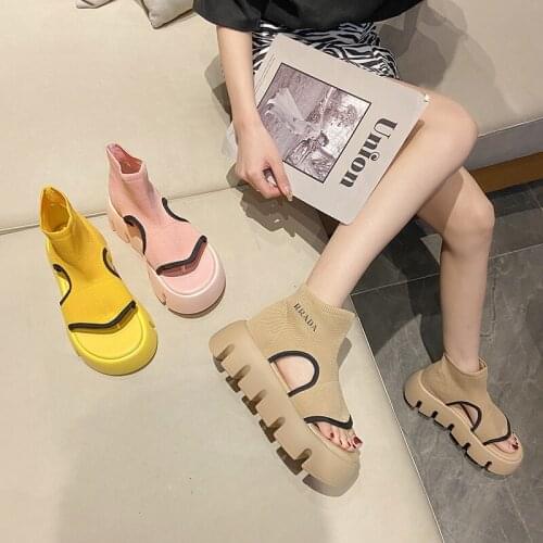 Knitted Breathable Thick-Soled Ladies Single Shoes Summer New Style All-Match Comfortable Soft Sole Casual Sports Sandals