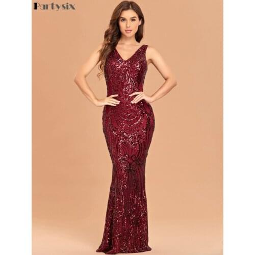 Partysix Sexy V Neck Sexy See Through Sequin Dress Sleeveless Long Prom Maxi Dress Women Backless Evening Party Dress claret
