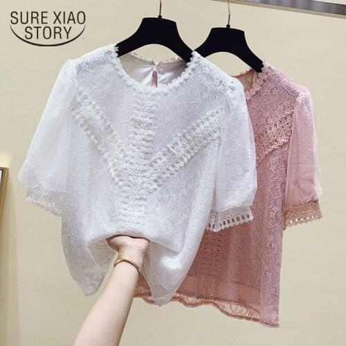 Chiffon Shirt Womens Short-sleeved 2021 Summer French Fashion Mesh Stitching Puff Sleeve Lace Blouse Elegant Embroidery 15000