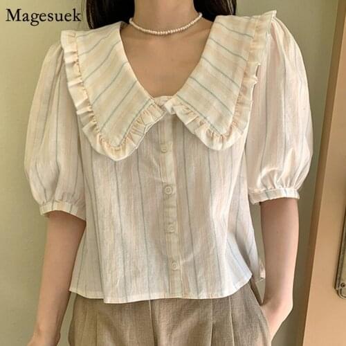 Korean Sweet Summer Stripe Shirt Women 2021 Chic Loose Puff Short Sleeve Blouses Tops Female Fashion Ruffles Shirts Blusas 15242