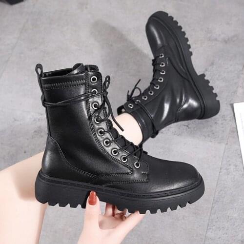 Rimocy White Black Genuine leather Ankle Boots Women Autumn Winter Round Toe Lace Up Shoes Woman Fashion Motorcycle Platform Bot