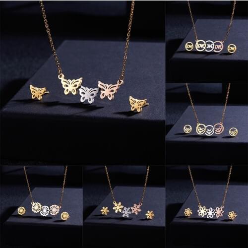 Belleper Tri-color Butterfly Hollow Stainless Steel Necklace Earrings Set Women Love Round Heart Snowflake Flower Jewelry Set