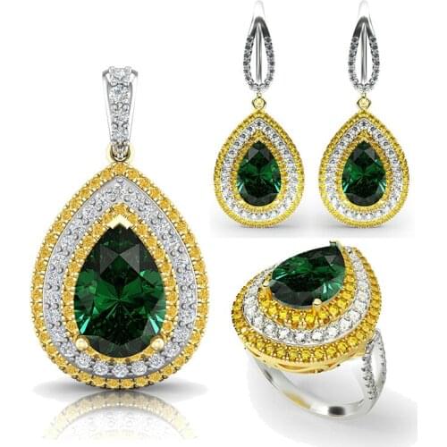 Luxury 100% 925 Sterling Silver Emerald Necklace Earrings Ring Jewelry Sets For Women Party Big Gemstone Jewelry Set