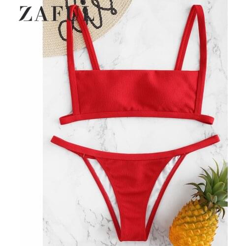 ZAFUL Bikini Hook Ribbed String Bikini Set Wire Free Low Waisted Swim Suit Square Neck Swimwear Padded Solid Bathing Suit New