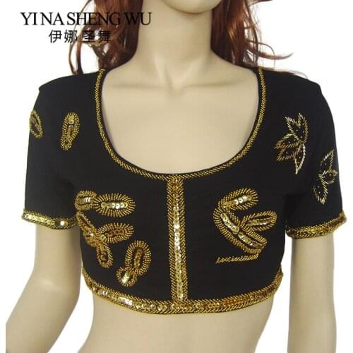 1Pc New Adults Belly Dance Top Dancing Practice Wear Belly Dance Short Sleeve Beaded Top Belly Dance Sequin Beaded Top 10 Colors