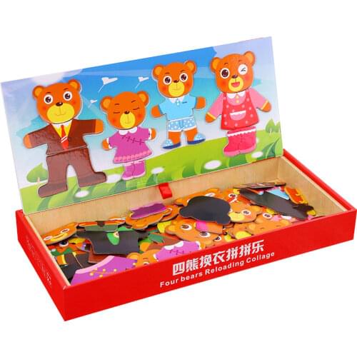 2-4 Bear 6 set of Clothes Reloading Collage Magnetic Puzzle Children Dress Changing 3d Puzzles Wooden Jigsaw Baby Education Toys
