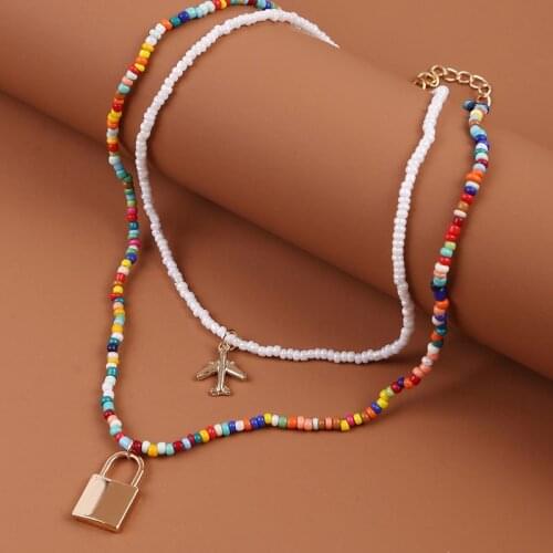 2 Pcs/Set Trendy Multicolor White Glass Beaded Necklaces For Women Boho Fashion Gold Color Aircraft Lock Pendant Necklace Gifts