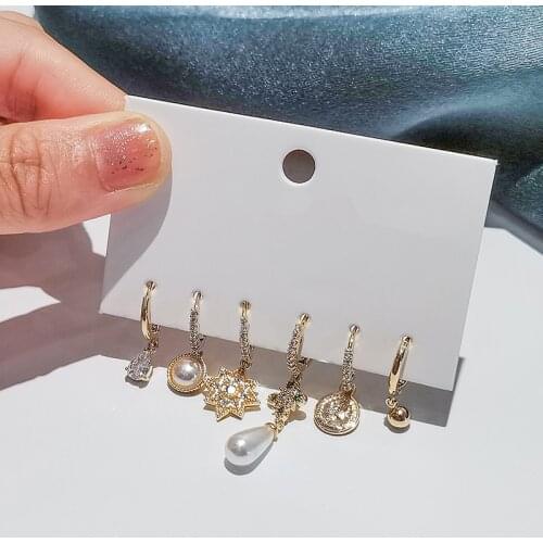 6 pieces/set 925 Sterling Silver Pearl Star Drop-Shaped Hoop Earring Set for Women Classic Palace Jewelry Wholesale