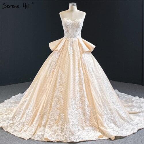 Champagne Handmade Flowers Ruffles Glitter Wedding Dresses 2020 Off Shoulder Sexy Lace Bridal Gown BHM67063 Custom Made
