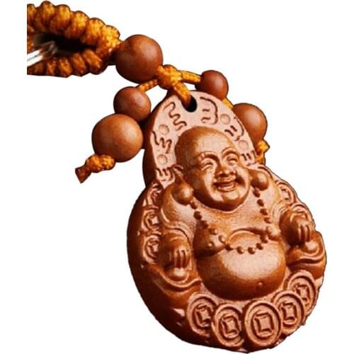 Natural Peachwood Keychain Lucky Laughing Buddha Pendant Key Ring Ornament Gift