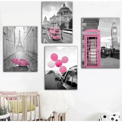 Black White Pink Wall Art Poster Print Paris Scenic Canvas Painting Abtract Tourise Bus Telephone Booth Decoration Home Picture