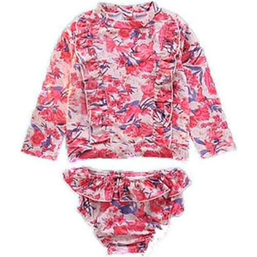 Childrens Swimwear Girls Flower One-piece Long-sleeved Sunscreen Split Swimsuit