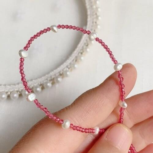 Elegant Natural Freshwater Pearl Necklace for Women Shiny Rosy Pink Crystal Necklace Short Choker Wedding Jewelry Party Collier