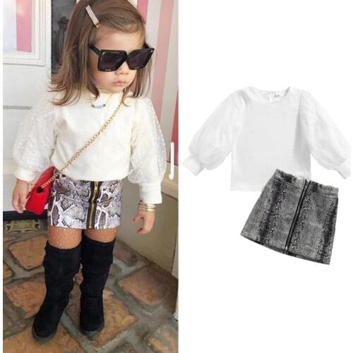 FOCUSNORM 1-6Y Fashion Autumn Kids Girls Clothes Sets Long Lace Puff Sleeve Solid Tops+Snakeskin Printed Zipper Skirts
