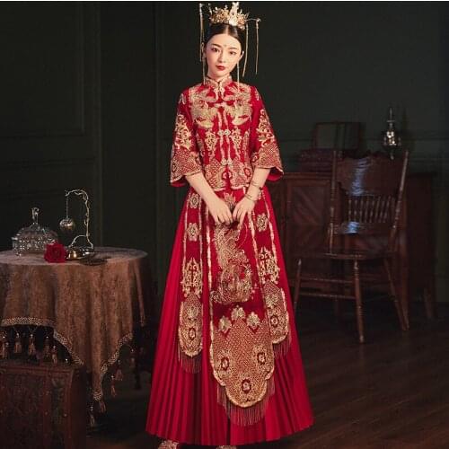 FZSLCYIYI Oriental Style Traditional Phoenix Embroidery Chinese Wedding Dress China Clothing Modern Cheongsam Red Qipao