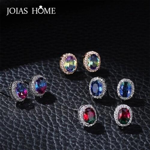 JoiasHome Clasical Ear-studs Silver 925 Jewelry 11*9mm Gemstone Micro Inlaid Zircon Small Oval Geometric Earrings Female Gift