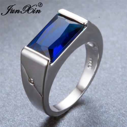 Boho Royal Blue Stone Big Rectangle Rings For Men Women Silver Color White Zircon Male Wedding Bands Engagement Ring Jewelry