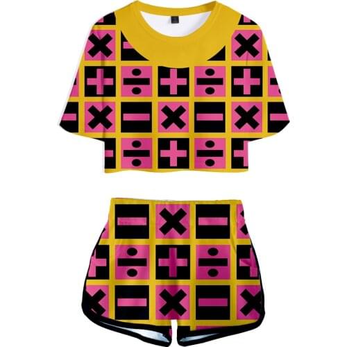 3D JOJOs fantastic adventure character suit Exposed Navel T shirt+shorts womens/girls 3D JOJO Lattice symbol two-piece sets