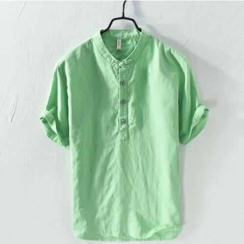 Summer Fashion Men Shirts Stand Collar Short Sleeve Linen Shirts Men Cotton Tee Size M-4XL Pullover Casual Shirts Hombre