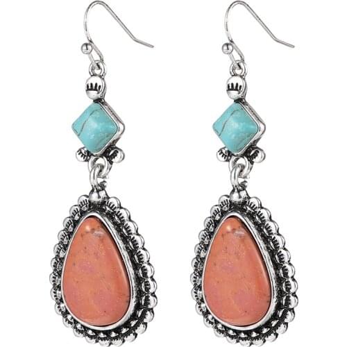 Luckyshien Natural Stone Vintage SilverJewelry Earrings Women Ethnic StyleTurquesa Hook Dangle Earring NEW