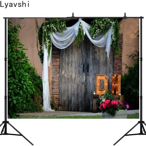 Lyavshi Photography Backdrop gray wooden door Flower Vine Green Grass Photo Background Wedding Backdrops for Photo Studio