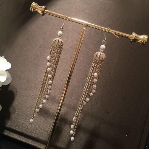 Fashion trendy long metal chain tassel earring for women white pearl on the end