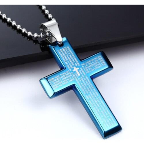 Religious Jesus Bible Cross Pendant Men Silver Chain Stainless Steel Trendy Pray Charm Blue Necklaces Pendants Jewelry Gifts