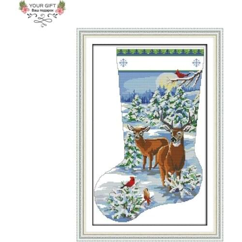 Joy Sunday D930 Free Shipping 14CT 11CT Stamped and Counted Home Decor Elk Christmas Stocking Needlepoints Cross Stitch Kits