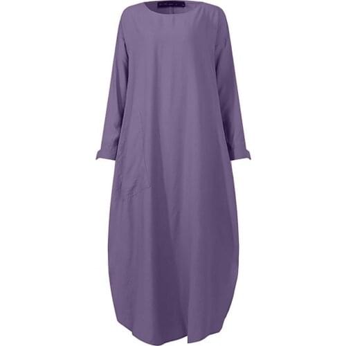 Plus Size Women Maxi Dress Long Sleeve O-Neck Split Hem Pocket Dress Solid Color Robe Casual Dresses for Spring 2021