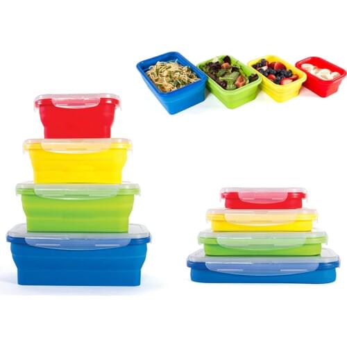 4PCS/Set Portable Silicone Collapsible Lunch Box Food Storage Box Folding Silicone Bento Lunch Box Food Container Dinnerware Set