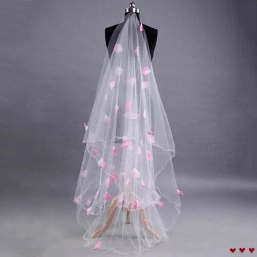 Romantic Wedding Veil Dress Pink Petals Decoration Veil Layers Tulle Ribbon Edge Bridal Veils 2023