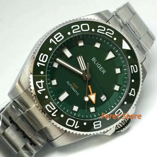 Bliger 43mm green Top Luxury Mechanical Watch Silver Case Sapphire Glass Ceramic Bezel Luminous Mens GMT Automatic Watch