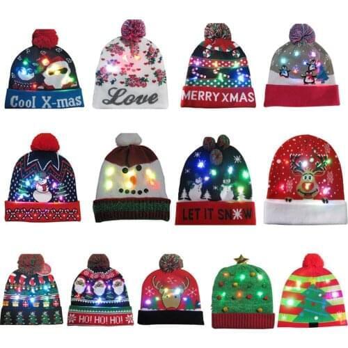 Christmas Hats Beanie Sweater LED Light Knit Hat Santa Elk Hat Light Up Knitted Hat For Kids Adult Gift 2020 Merry Christmas