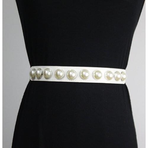 PInk White Red Elastic PU Waistband Women Slim Corset Pearl Beading Waist Belt Autumn Spring Dress Cinch Belt Decoration 2021