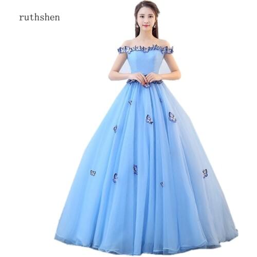 Ruthshen Fairy Vestido Debutante Cheap Prom Gowns Light Blue Ball Gown Butterfly Quinceanera Dresses Simple Off The Shoulder