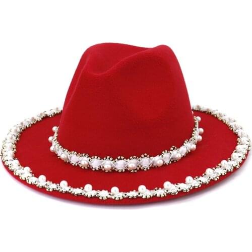 New Women Fashionable Solid Flat Wide Brim Pearl Ribbon Woolen Felt Fedora Hat Outdoor Church Party Casual Hat