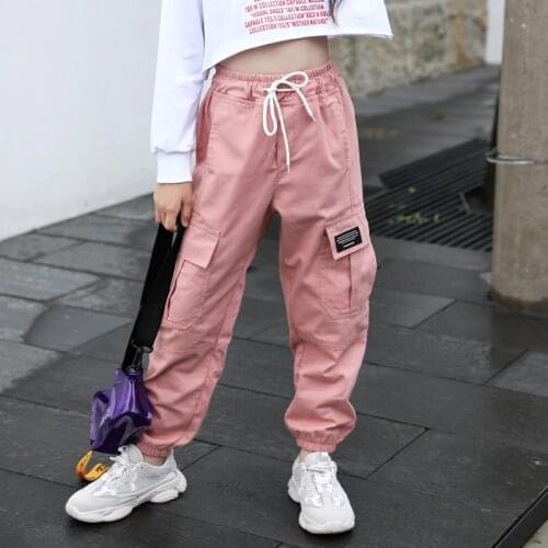 2021 Pants For Girls Solid Pants Girls Fashion Drawstring Child Trouser Teenage Child Girl Cargo Pants For Kids Clothes 8 10 12