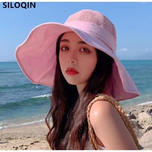 SILOQIN Summer Womens Panama Hat Foldable Big Eave Sun Hats Female Beach Hat Wind Rope Fixed Bow Women Travel Sunscreen Hats