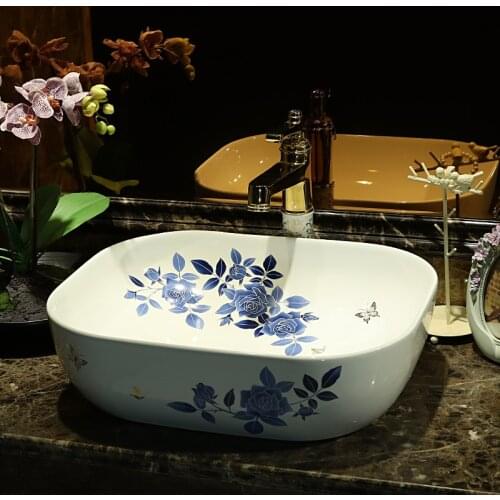 Blue and white China Artistic Handmade Ceramic Lavobo Round bathroom sinks Countertop wash basin
