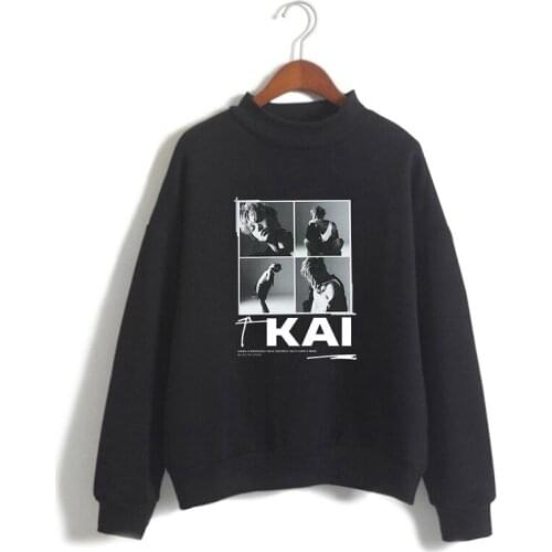 KAI Super Kpop High Collar Hoodies Men Women Capless Sweatshirts Casual O-neck Long Sleeve Male Hoodie Pullover Black White Tops