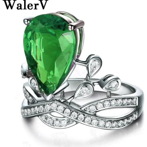 WalerV New Fashion Charm Jewelry For Women Luxury green Water Drop Crystal Shape Zircon Wave Rings Color Wedding Ring