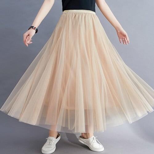 Spring Summer Vintage Tulle Skirt Women Elastic High Waist Mesh Skirts Long Pleated Tutu Skirts Female Jupe Longue Beautiful