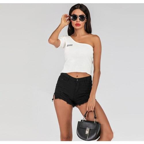 New Womens Sexy T-shirts Slanting Collar Shoulder T-shirt Self-cultivation Fashion knitted Embroidered Summer Womens T-shirt