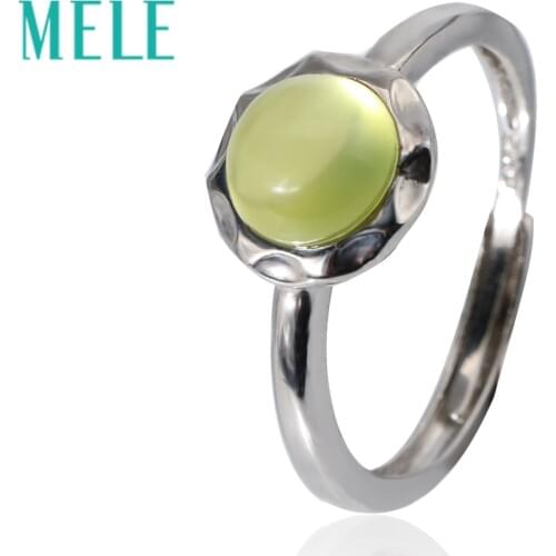 Natural yellow 7mm round prehnite 925silver rings for women and man,simple and fashion geometric pattern jewelry