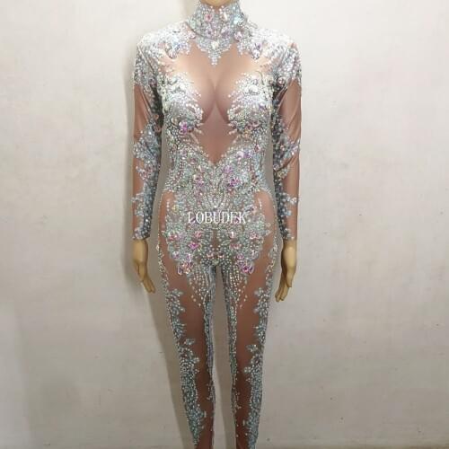 White Blue Rhinestones Jumpsuits Crystals Skinny Rompers Women Nightclub Singer Stage Wear Birthday Celebration Dance Costume