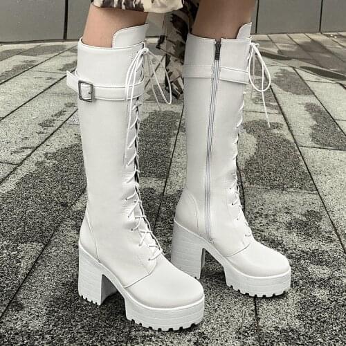 Womens Knee Boots Autumn Winter Fashion Buckle Cross Strap High-Heeled Womens Boots Round Toe Motorcycle Womens Shoes