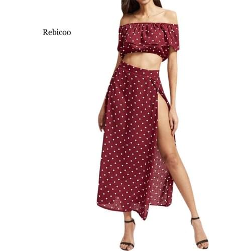 Women Clothes Set Sexy Chiffon Two Piece Set Off Shoulder Ruffled Top And Long Skirt Ladies Summer Casual Outfits