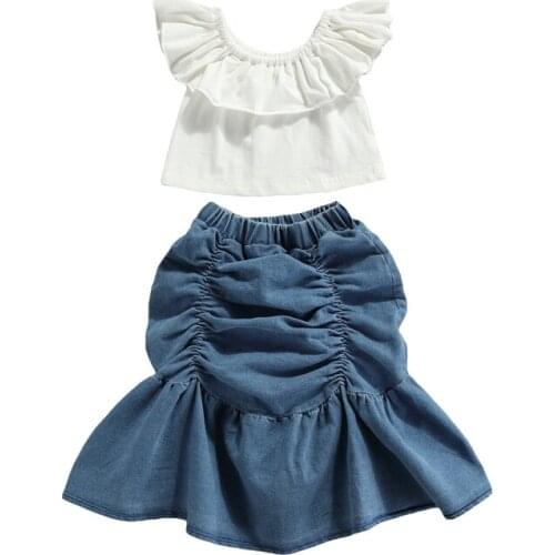 2-6Y Fashion Girl’s Outfits Two Piece Suit Solid Color Boat Neck T-shirt and Pleated Mid-length Skirt Summer Clothes
