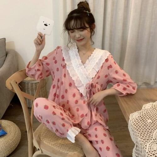 3/4 Sleeve cute cartoon women pajamas set cardigan top + long pant two piece sleepwear clothes casual loose home wear pijama